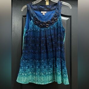 Roz & Ali Blue Green Embellished Sleeveless Blouse